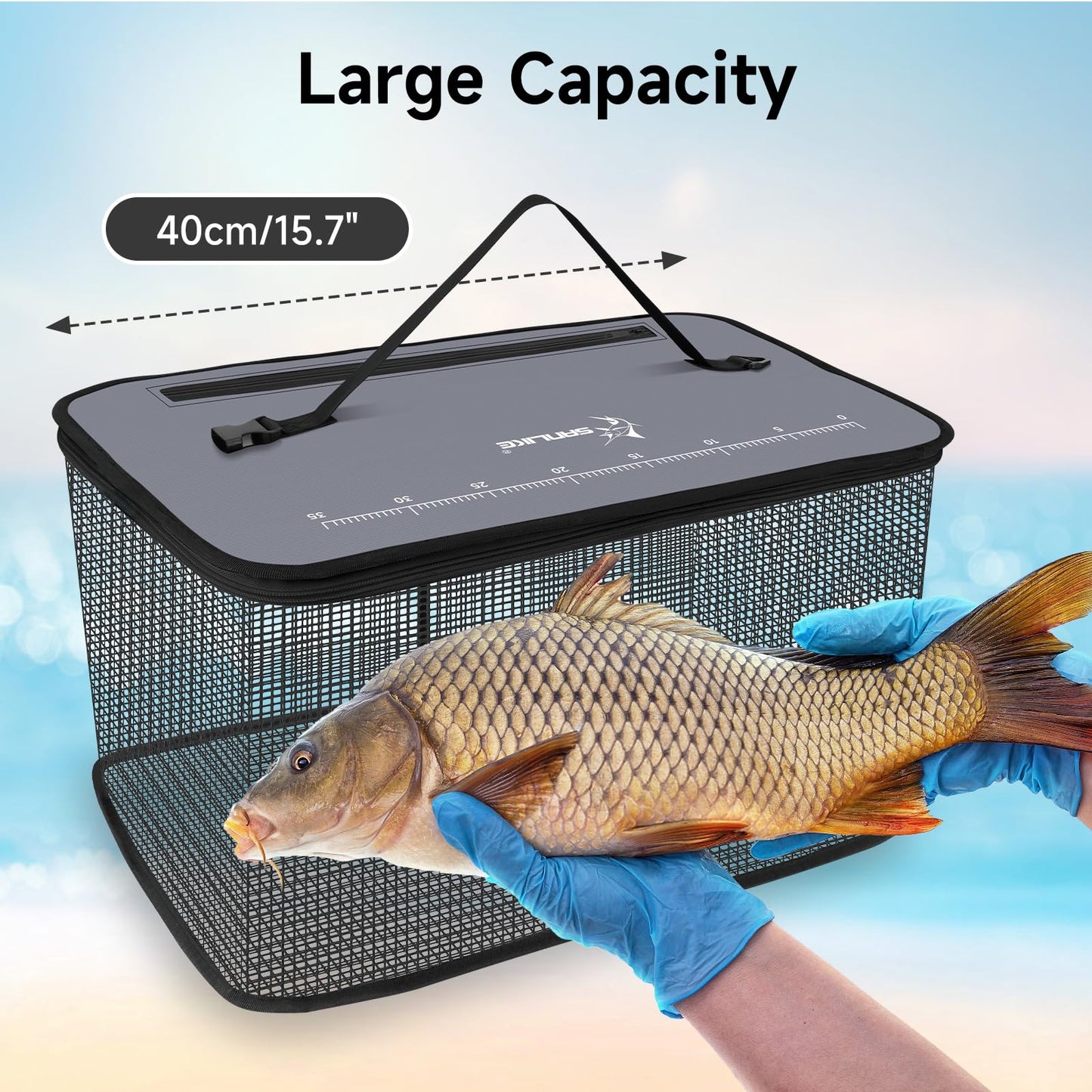 SANLIKE Floating Fishing Basket Collapsible Fishing Net Cage, Rubber Coated Net 24L Fish Basket for Live Caught Fish Minnows Bait Bucket Minnow Trap, Grey