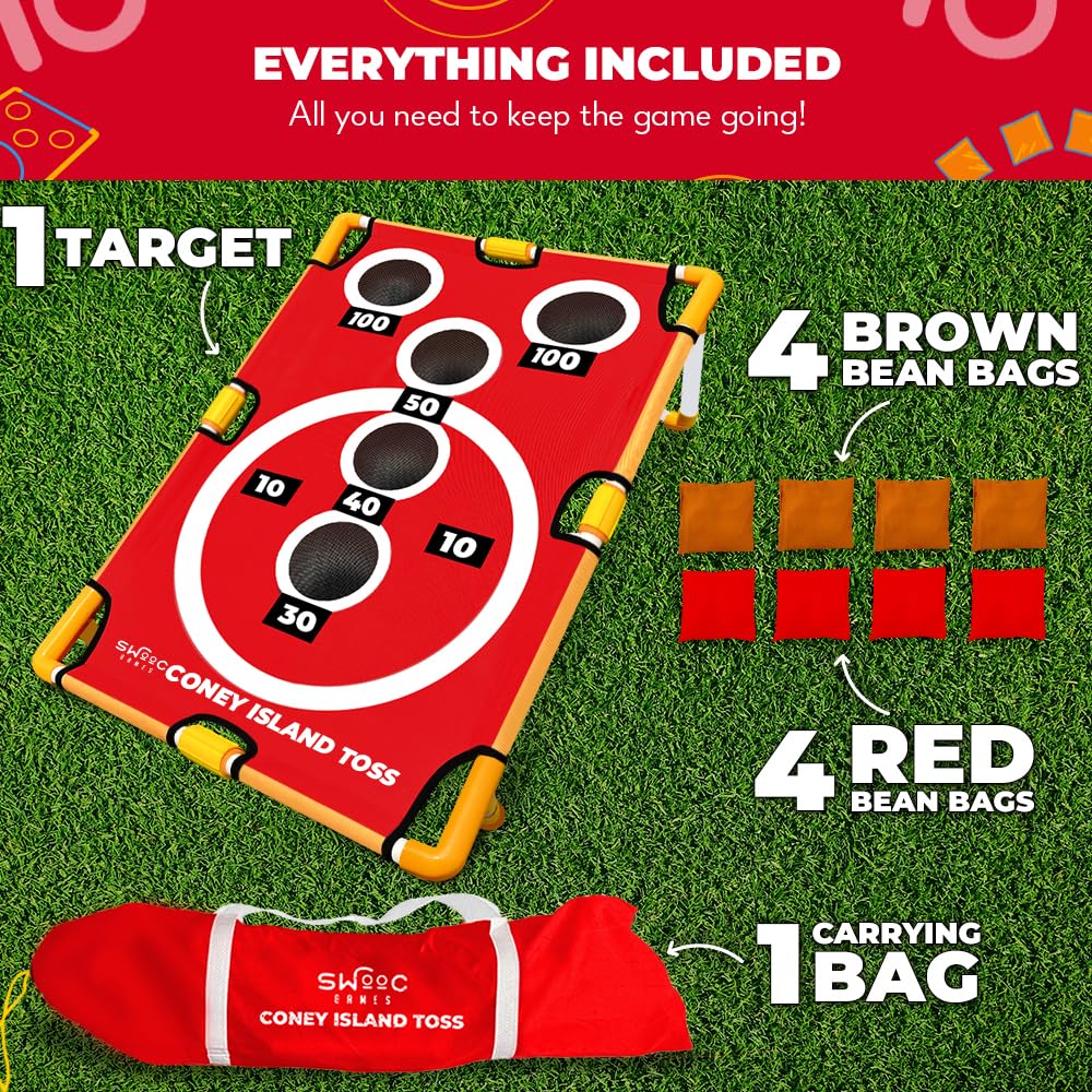 Swooc Games - Coney Island Toss™ - Arcade Style Cornhole Board Set w/Carrying Case & 15+ Games - Corn Hole Games for Adults - Kids Bean Bag Toss Game - Kids Cornhole Set w/Bags - Outdoor Yard Games
