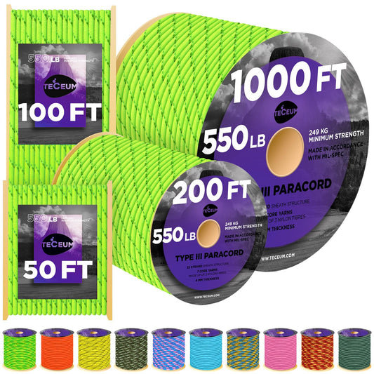 TECEUM Paracord Type III 550 Reflective Fluo – 50 ft – 4mm – Tactical Rope MIL-SPEC – Outdoor para Cord –Camping Hiking Fishing Gear and Equipment – EDC Parachute Cord – Strong Survival Rope 048rf