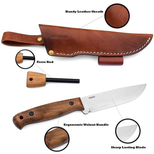 BPS Knives Set Adventurer and Savage - Set of two Carbon Steel Full Tang Knives with Leather Sheaths Scandi Grind Camping Bushcraft Knives