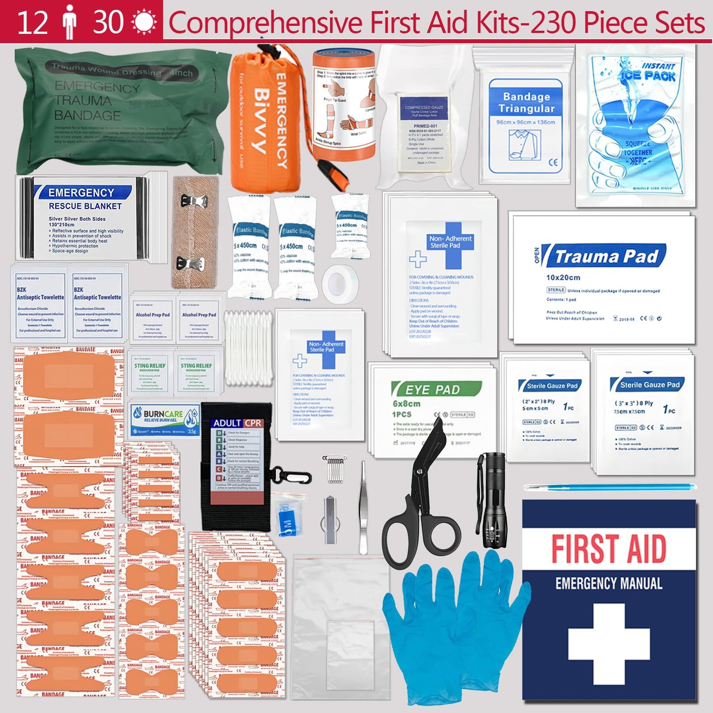 Besst Survivor Comprehensive First Aid Kits, Advanced Trauma Kits with Labeled Compartments, Large Survival Medical Kits for Vehicle, Home, Camping, Sports -Emergency Necessities Kits -230 Piece