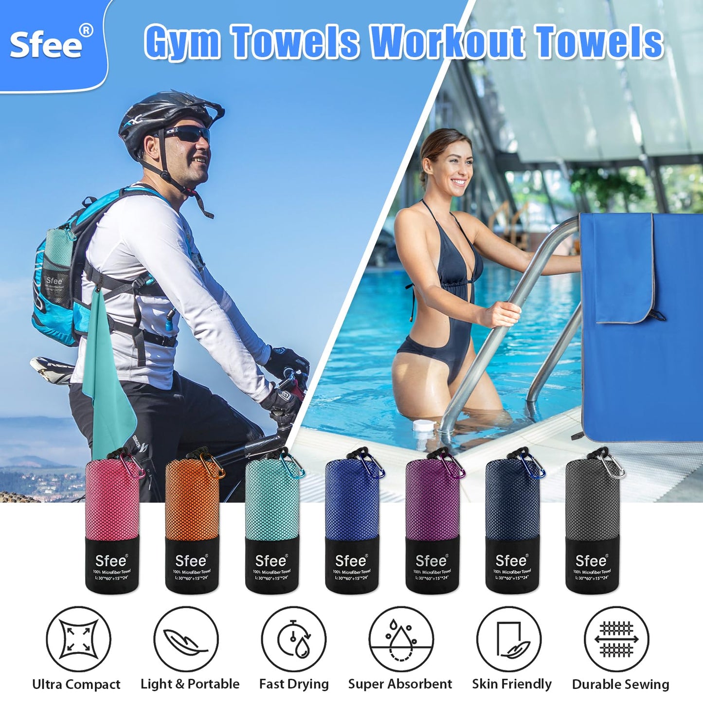 Sfee 2 Pack Microfiber Travel Towel, Quick Dry Towel Camping Towel Super Absorbent Compact Lightweight Sports Towel Swim Towel Gym Towel Beach Towel Set for Gym, Hiking, Pool, Backpacking, Bath, Yoga