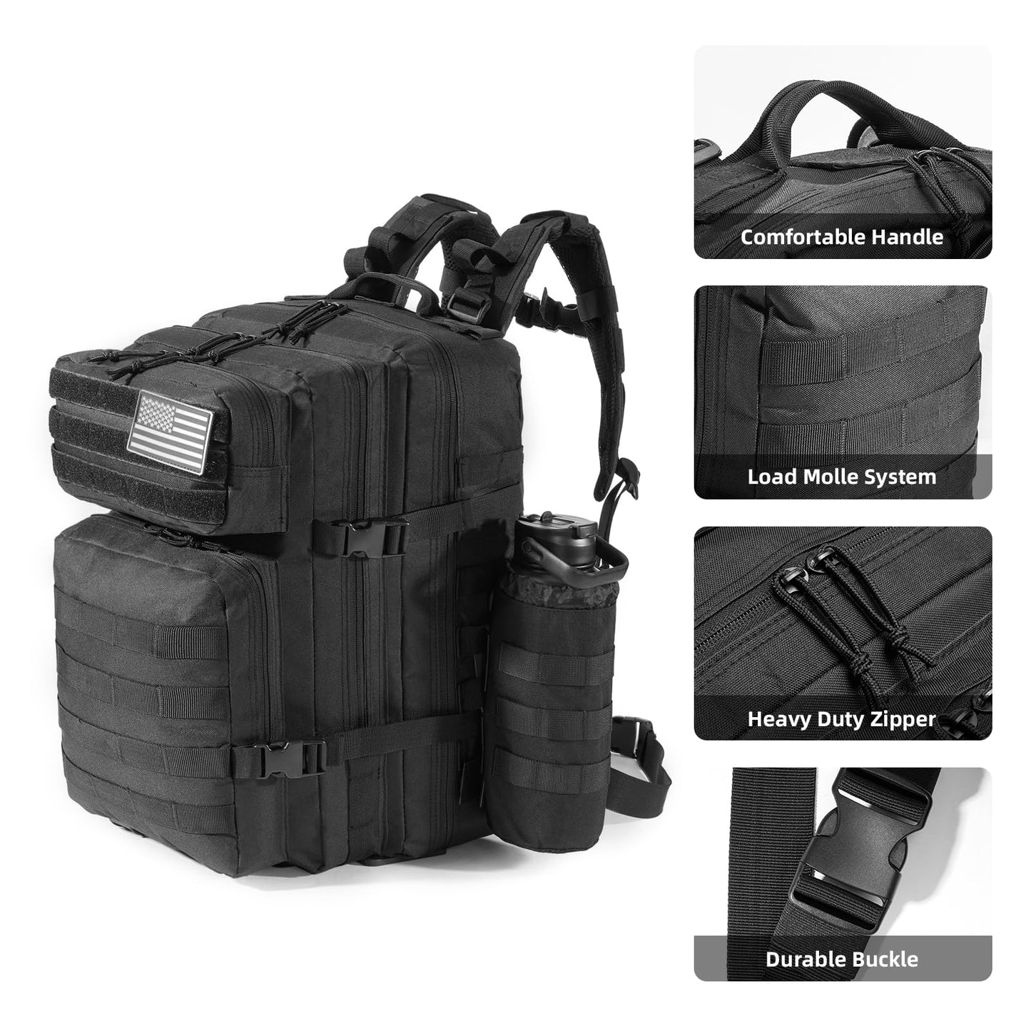 Jugbey Military Tactical Backpack for Men 45L Large Waterproof Army 3 Days Assault Pack Molle Bag Backpacks for Trekking,Camping,Hunting,Hiking (Black)