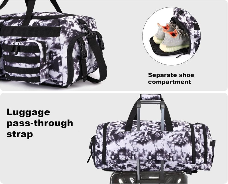 Tactical Duffle Bag for Men - 50L 3-in-1 Gym Backpack with Shoe Compartment & Laptop Sleeve | Black & White