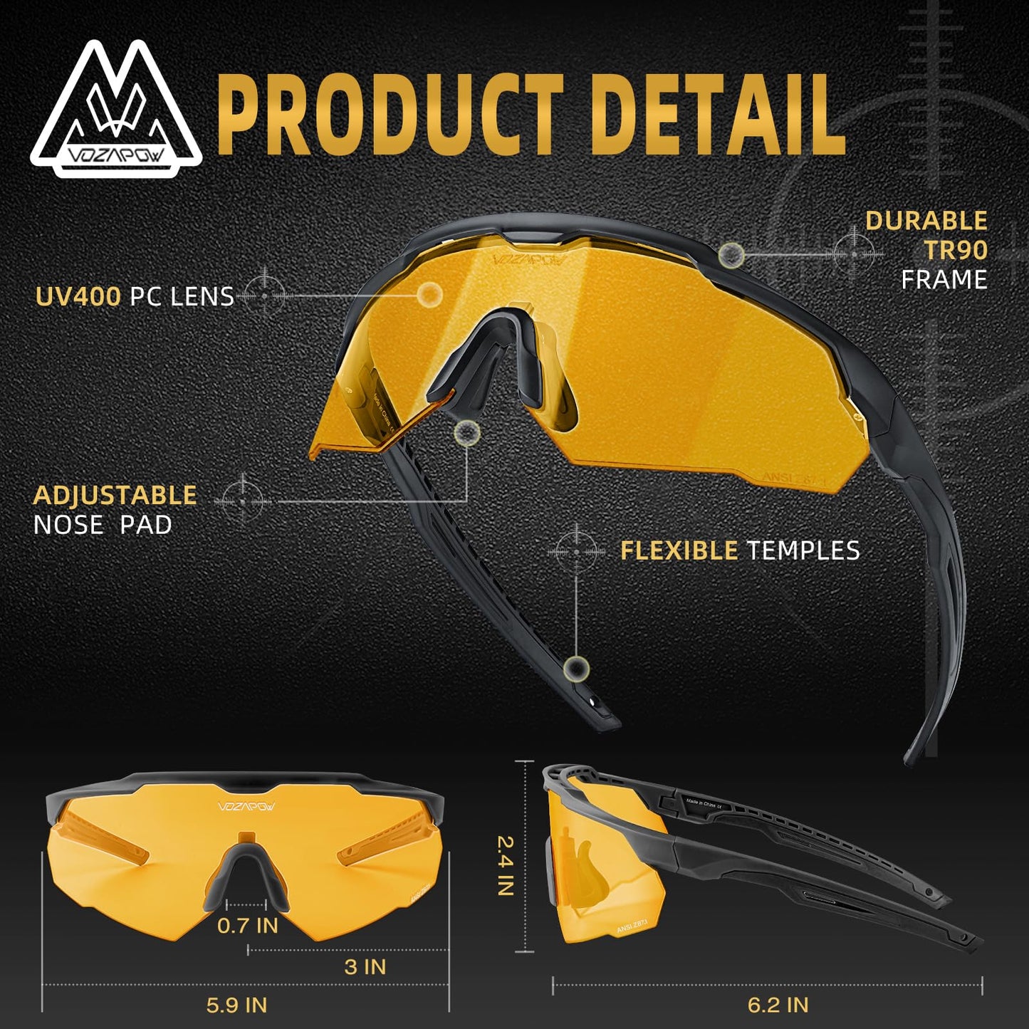 VOZAPOW Shooting Glasses Anti Fog with High Definition Lenses, ANSI Z87+ Certified Tactical Safety Glasses for Men Women