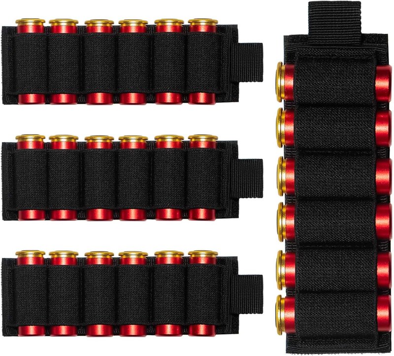 Shotgun Shell Holder - 4 Pack Molle Buttstock Carrier for 12/20 Gauge | Adhesive Backing & 6 Rounds Capacity