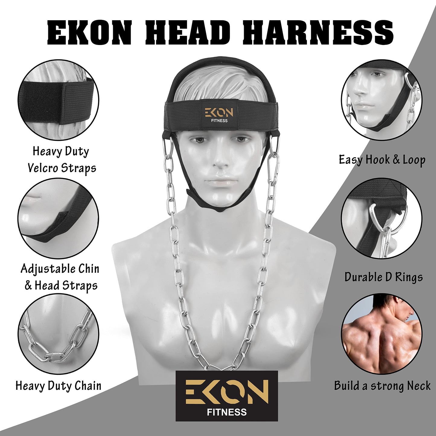 EKON Neck Training Exerciser Head Harness Traps Muscle Builder Weight Lifting Neck Harness Powerlifting Workout For Boxing MMA Strong Neck Muscle Builder Steel Chain