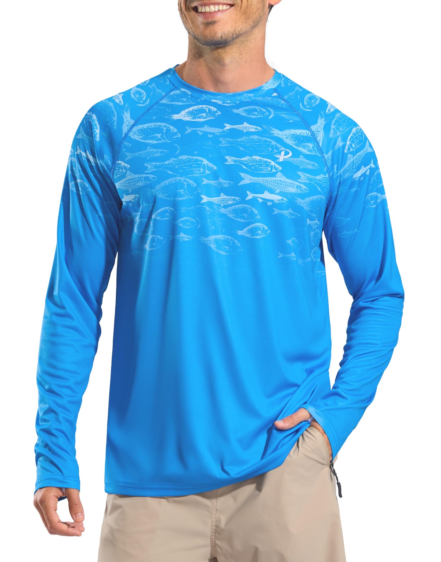 Pudolla Men's Sun Protection Shirts UV SPF UPF 50+ Long Sleeve Lightweight Quick Dry Shirts(Blue Gradient Shoal L)