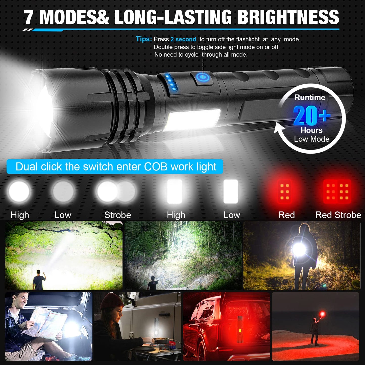 LED Flashlights High Lumen Rechargeable 80000 Lumens High Power Tactical Flashlight with COB Work Light Super Bright Waterproof Power Display Zoomable 7 Modes for Camping Hiking Emergency 2 Pack