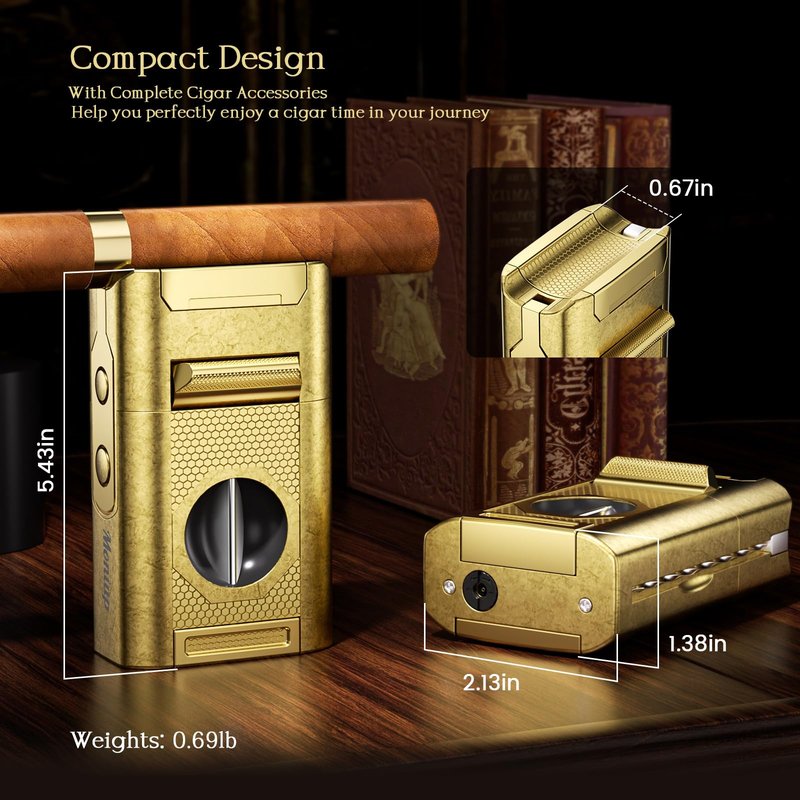 6-in-1 Cigar Torch Lighter, with Straight&V Cigar Cutter, 2 Cigar Punches, Cigar Draw Enhancer, Cigar Holder, Quad Flame Windproof Butane Lighter, Multifunctional Cigar Accessories, Gifts for Men