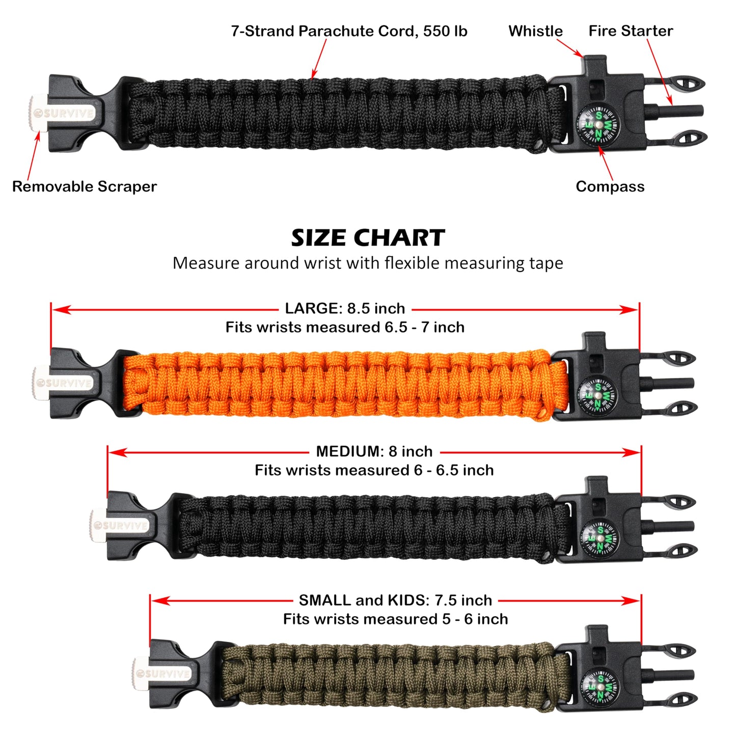 SURVIVE Paracord Bracelet, Pack of 2, Emergency Survival Kit Fire Starter Compass Whistle 9 ft Continuous Strand Flint Steel Scraper 5 in 1