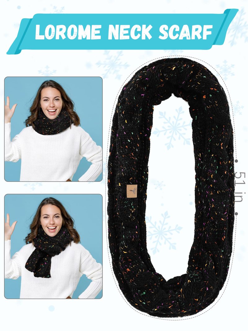 Winter Beanie Hat Scarf Gloves, Black Variegated Color Warm Fleece Knit Hats Touch Screen Gloves Neck Scarf Set