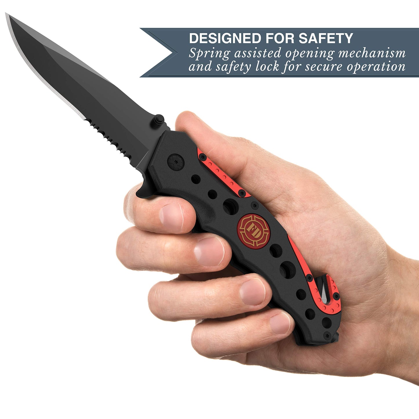 Swiss Safe 3-in-1 Tactical Knife for Military and First Responders - Fire Department Red