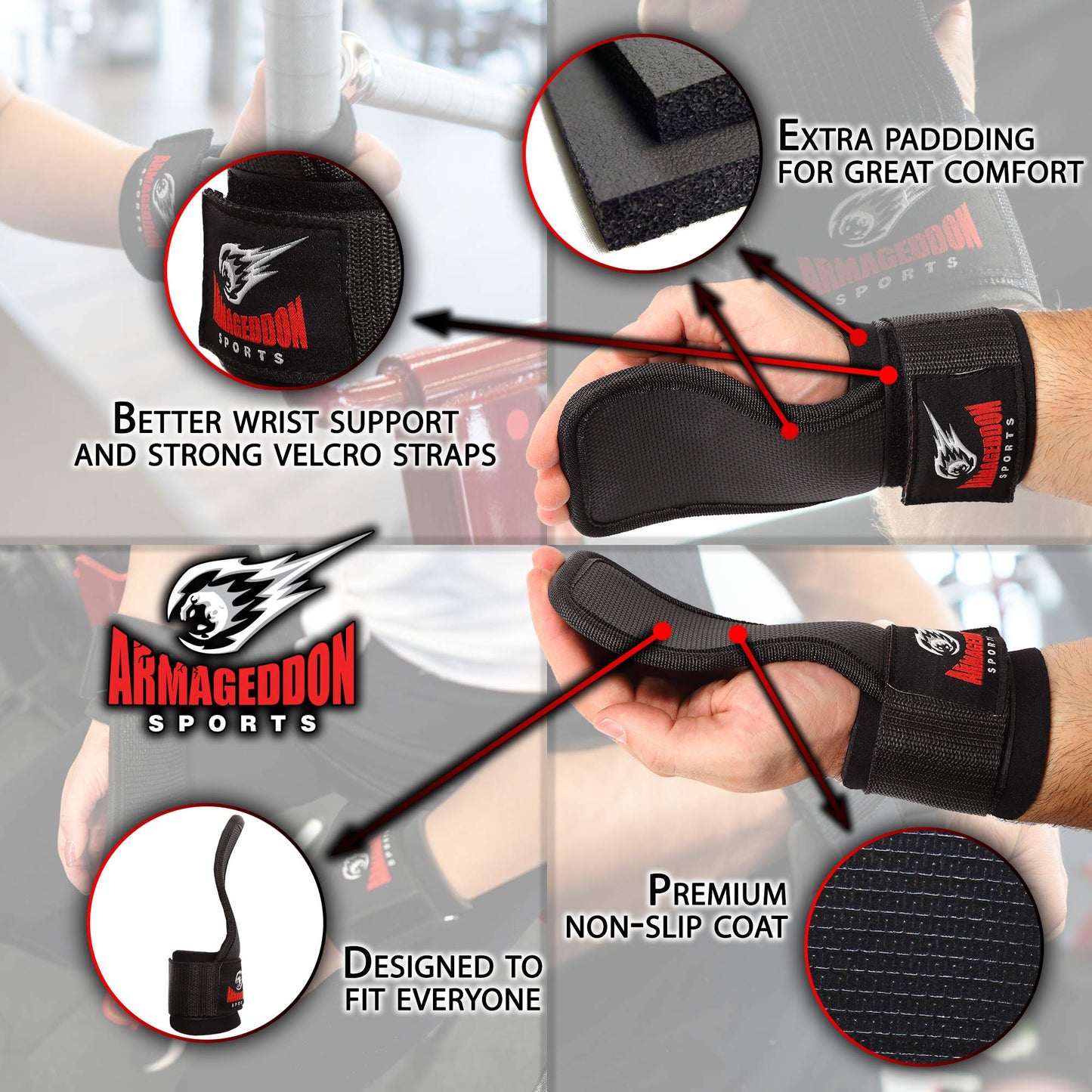 ARMAGEDDON SPORTS Weight Lifting Gym Hand Grips Workout Straps with Adjustable Wrist Support Wraps - Fitness Gloves Alternative