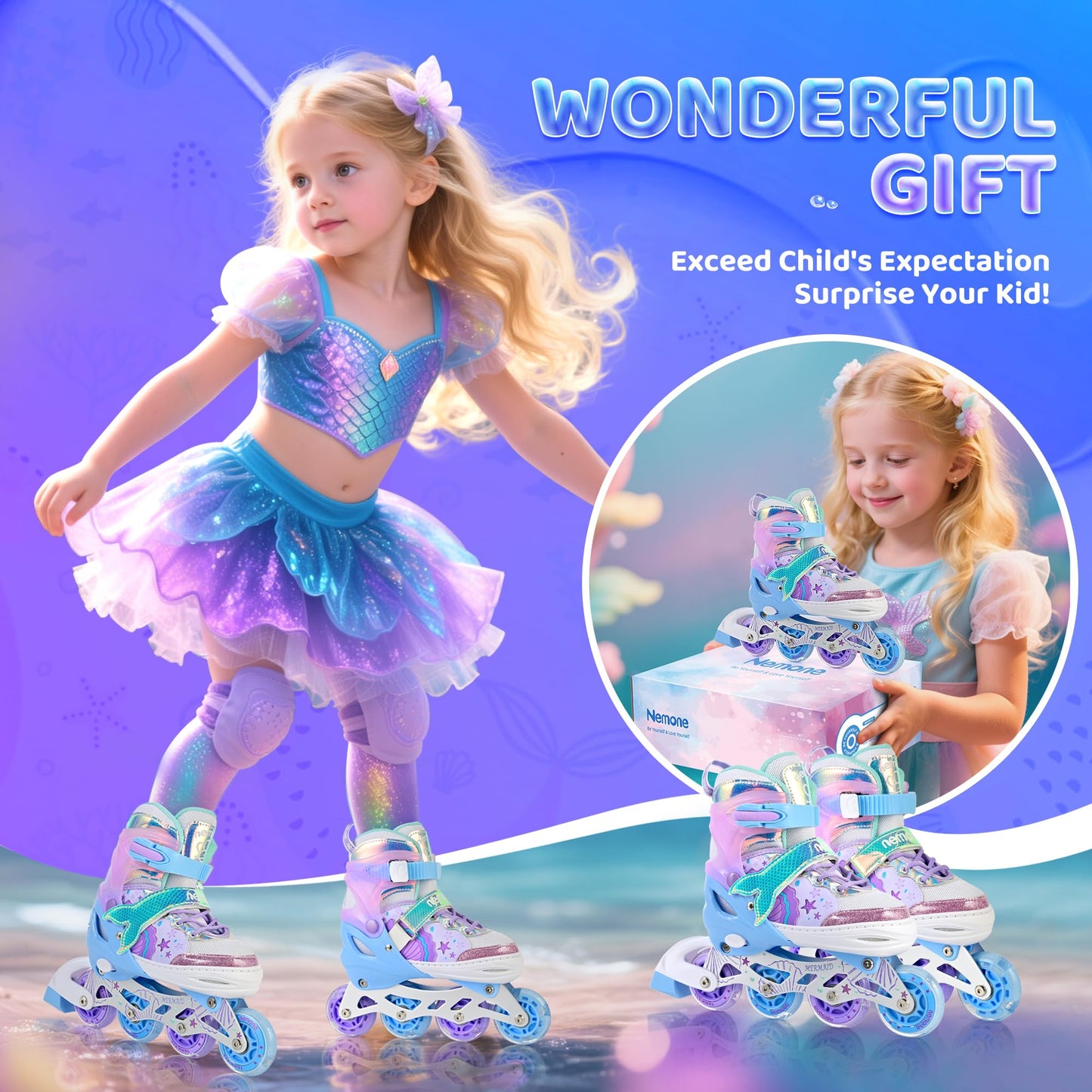 NEMONE Girls Adjustable Inline Skates Kids Light up Wheels Roller Skates Blades Indoor Outdoor for Childrens Beginner Youth Ages 4-6 5-8 6-12 8-12
