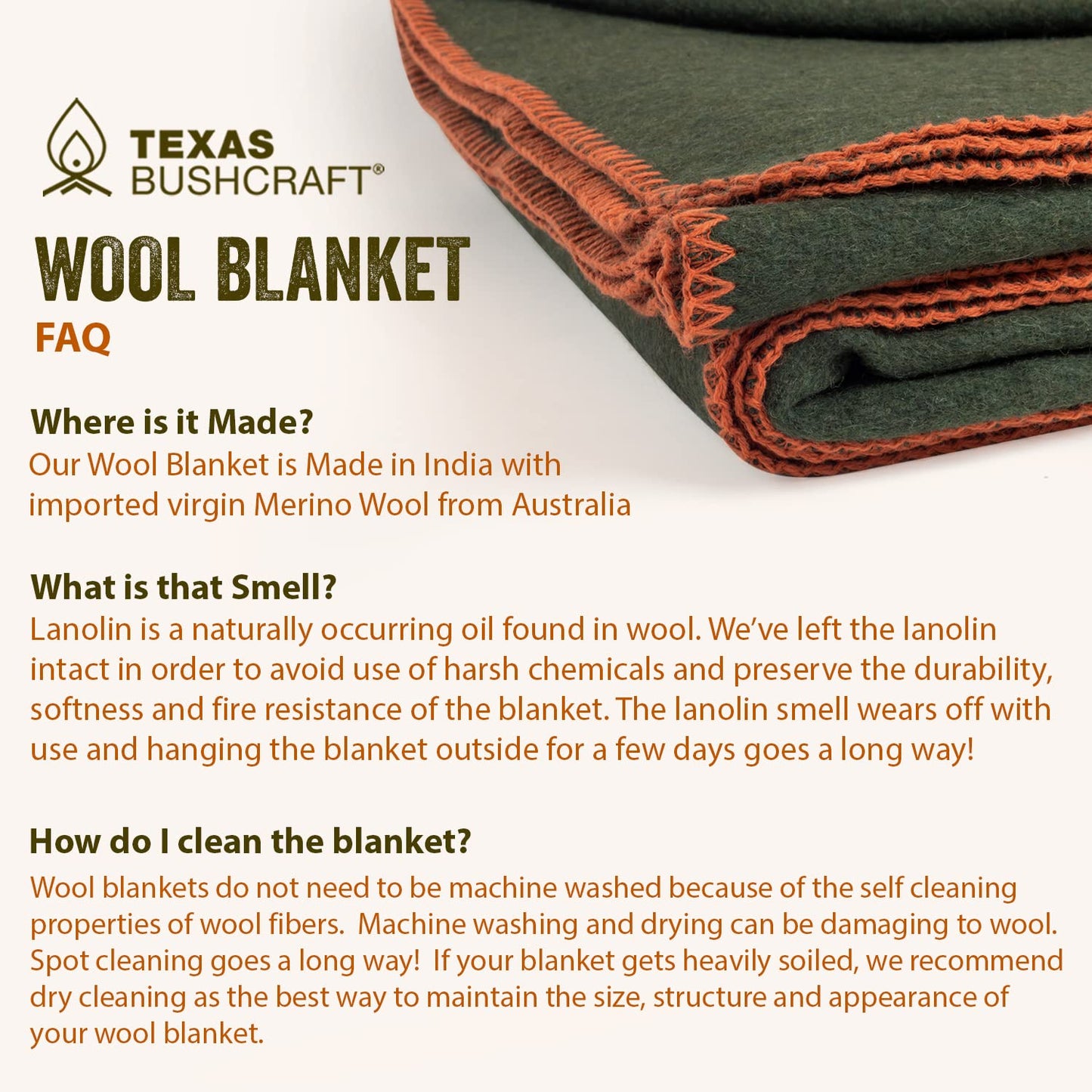 Texas Bushcraft Merino Wool Blanket for Camping Hiking and Backpacking – Water and Fire Resistant Camp Blanket Car Blanket is Fast-Warming and Durable with Double-Stitched Edging (66” x 90”)