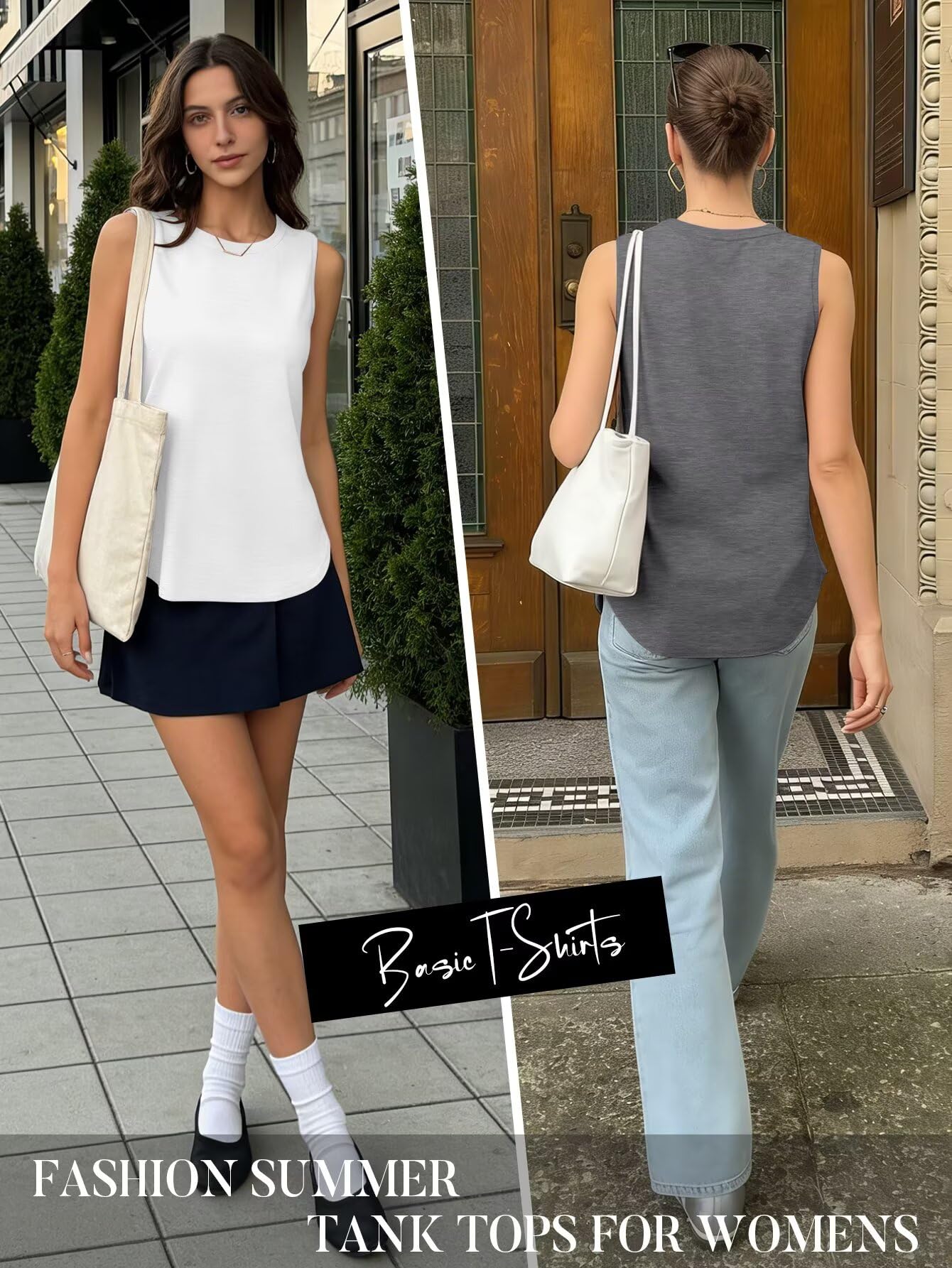 KKJ 2 Pack Womens Tank Tops Summer Crew Neck Sleeveless Loose Fit Casual Shirts Flowy Basic Tees Fashion Outfits