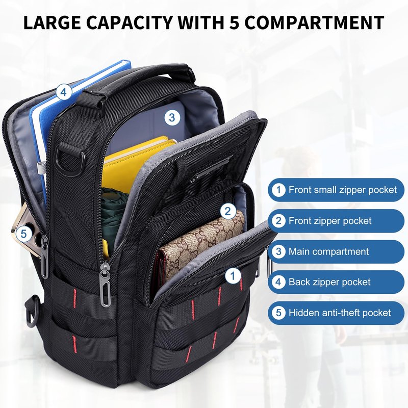 WITZMAN Sling Bag for Men Travel Crossbody Sling Bags with USB Charging Port Casual Chest Bag for Daily Outdoor Work(B730 Black)