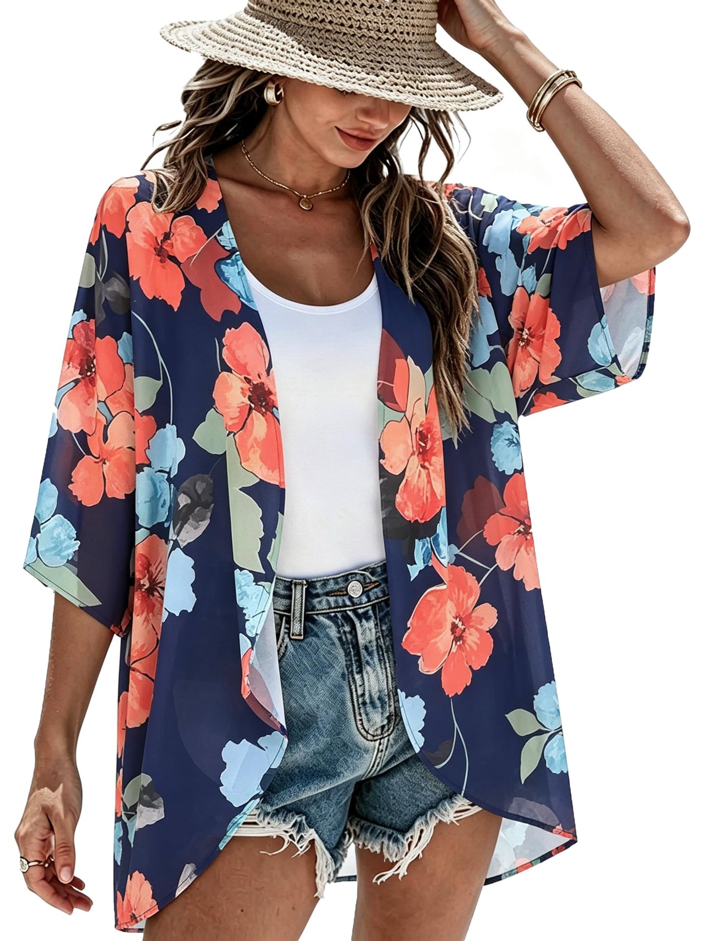 Summer Kimono Cardigan for Women Sheer Light Tops Casual Open Front Swimwear Shirts Beach Cover ups (Oil Blue,2XL)