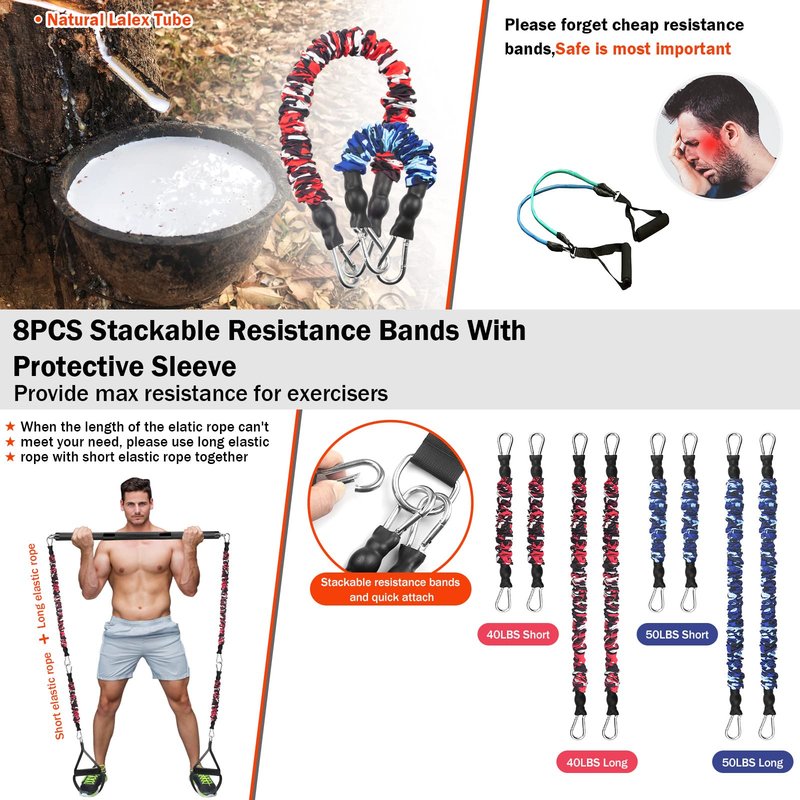 DASKING Portable Home Gym Resistance Band Bar Set with 8 Anti-Break Stackable Resistance Bands,Detachable 500LBS 2 in 1 Pilates Bar with Bands,Full Body Workout Equipment Exercise Bar Set (Black)