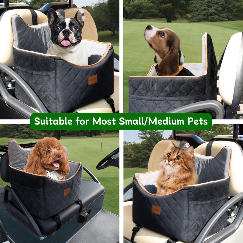 Urgown Universal Golf Cart Dog Seat for Small/Medium Dogs and Cats, Fully Detachable and Washable Pet Seat with Safety Leash Inside, Easy to Install/Flippable Seat Bottom Required(Black/Gray, Small)
