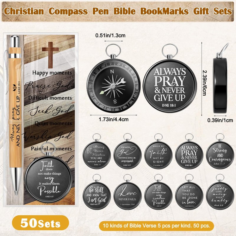 Spakon Christmas Christian Gifts Bulk Bible Verse Compass Pen Engraved Inspirational Compass with Religious Bookmarks Church Welcome Gifts for Men Women Christian Sunday School(30,Bamboo Pen)
