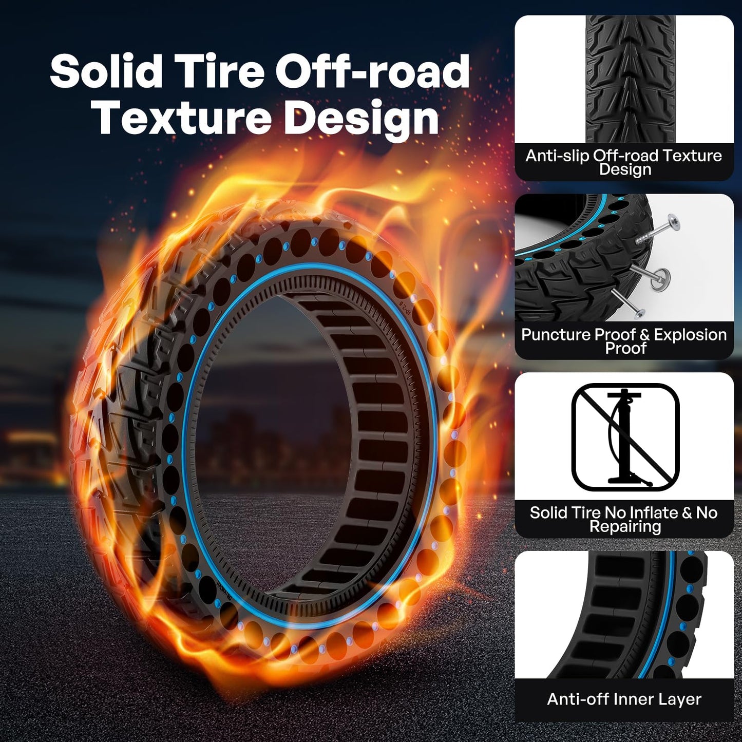 HAONAIMO 10" x 2.5 Solid E Scooter Tires - ‌Replacement Rubber Wheels 60/70-6.5‌ for Ninebot Max ‌G30/G30D/G30E/G30LP‌ - ‌10 Inch Honeycomb Tire - Durable & Studless Tire- ‌Blue