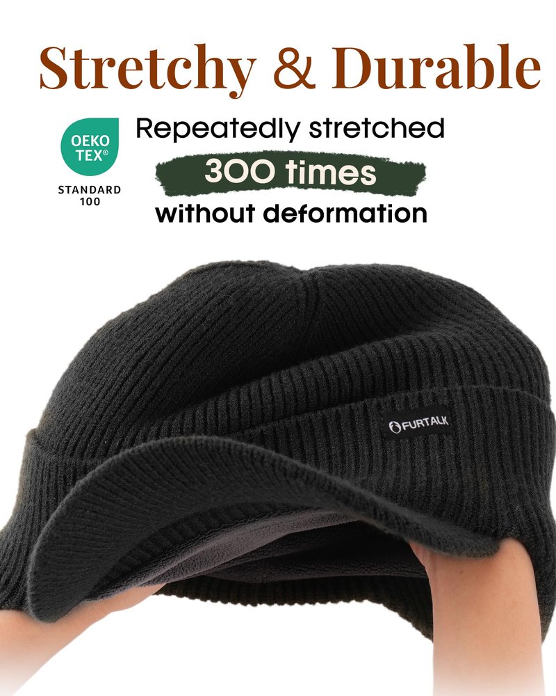 FURTALK Winter Beanie with Brim Fleece Lined and Ear Flaps Winter Hats for Men Women Warm Thermal Hat, Black