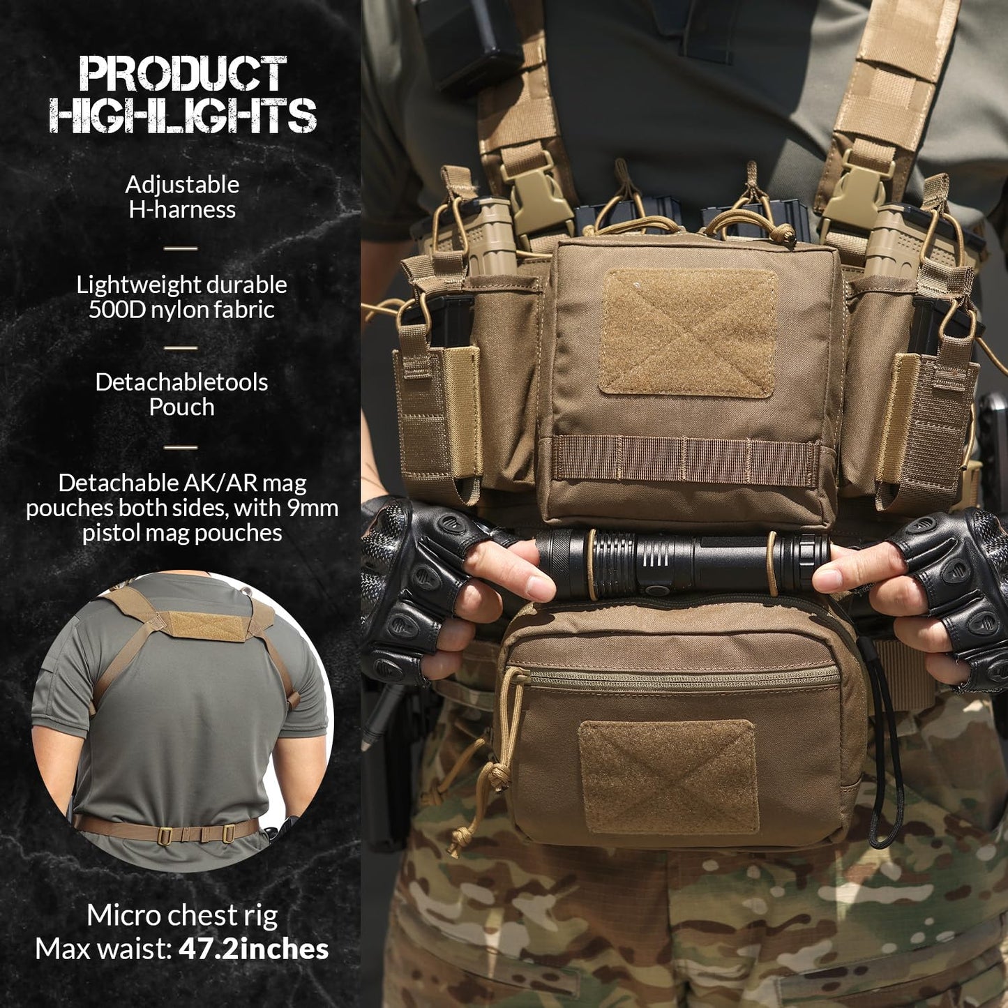 VOTAGOO GEAR Chest Rig-Tactical Chest Rig, Adjustable & Detachable Molle Micro Chest Rigs, with 5.56/7.62 Magazine Pouch, Pistol Pouch