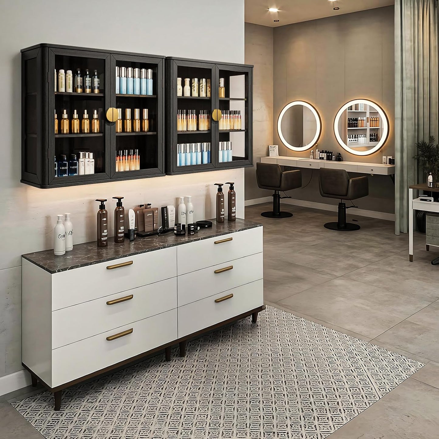 Bathroom Wall Cabinet Set of 2 - 56" Floating Display Cabinet with Glass Doors | Adjustable Shelves, Black with Golden Handles