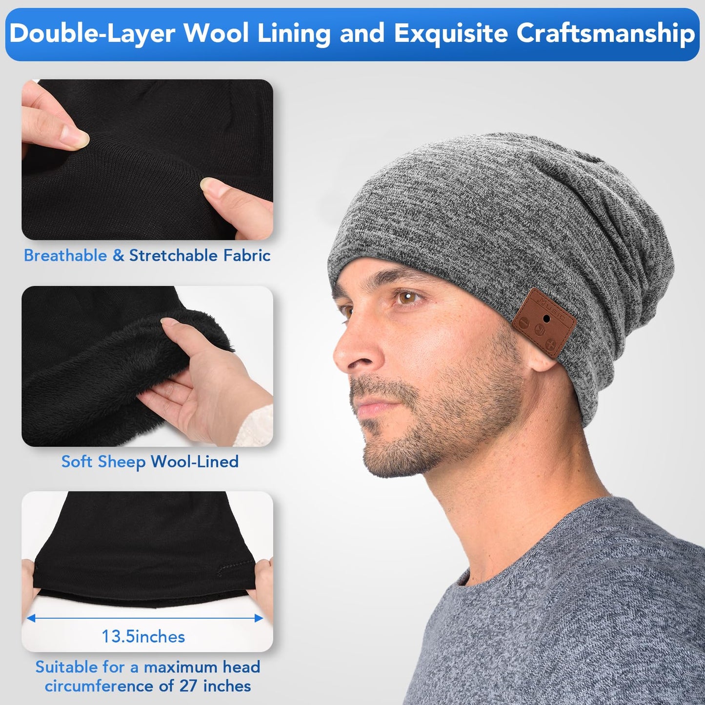 ASIILOVI Bluetooth Beanie 2024 Version, Double-Layer Wool Lining Bluetooth Beanie Hat, Unique Tech Gifts for Men/Women/Teens/Family Christmas Thanksgiving-Gray