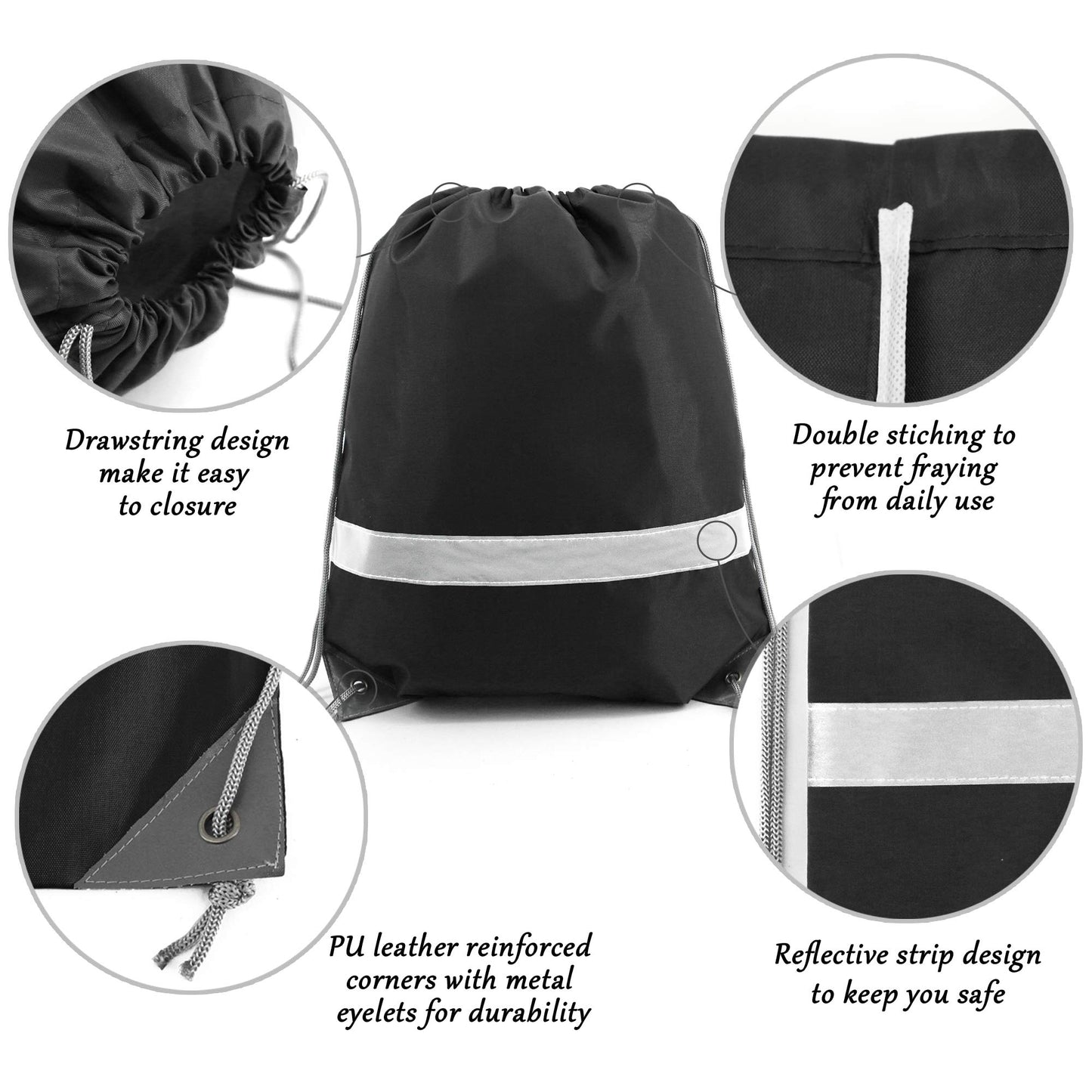 BeeGreen Black Drawstring Backpack Bulk 10 Pieces Wholesale, String Backpack for Party Gym Sport Trip, Reflective Strips Cinch Sack with String, DIY Drawstring Bags for Women and Men.