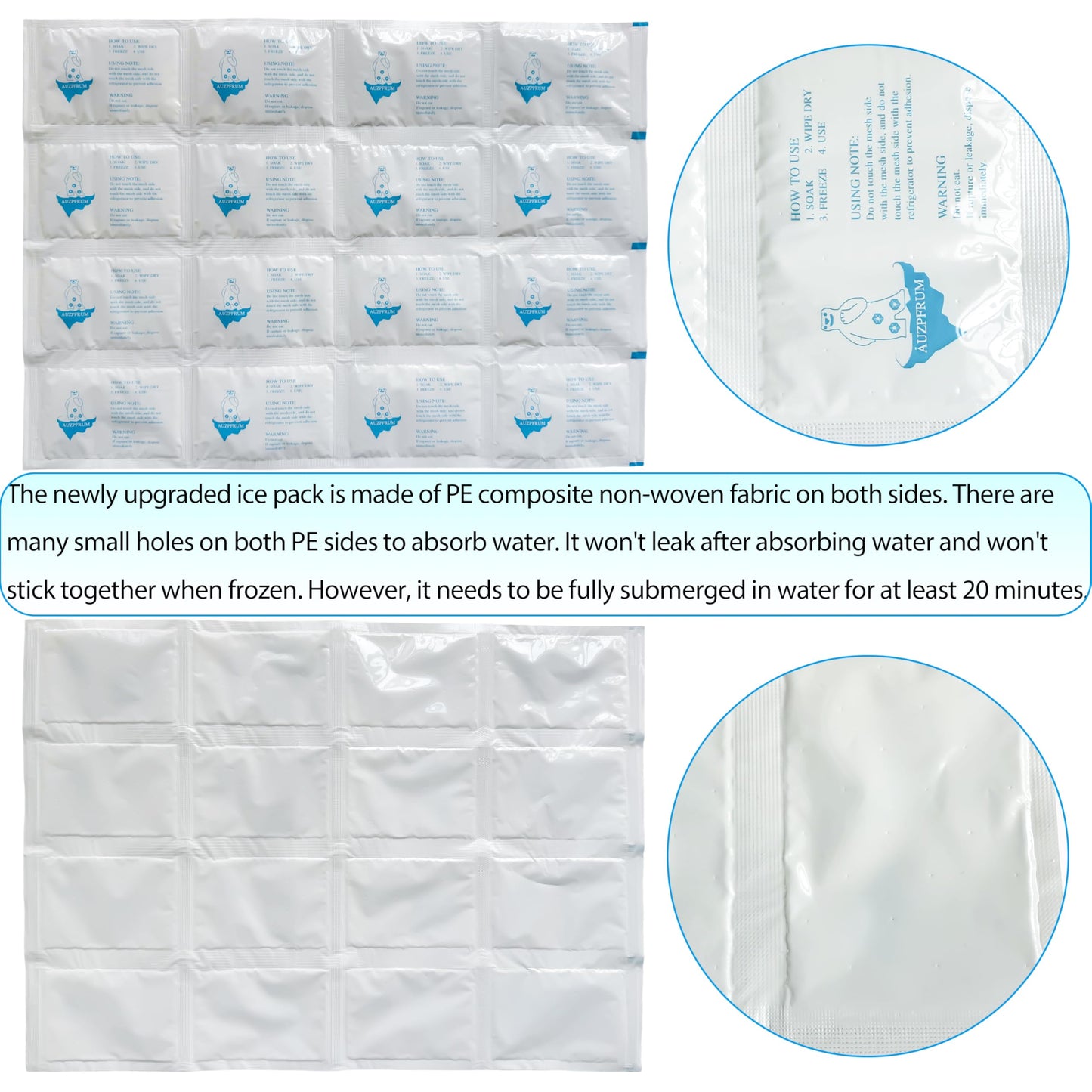 AUZPFRUM Dry Ice Packs for Shipping | 24+ Hour Long Lasting Cold Ice Pack for Coolers | 3 Sheets - 48 Cells | Soak for 25-35 minutes - Expand - Dry - Use after Frozen | Reusable Freezer Block for Food