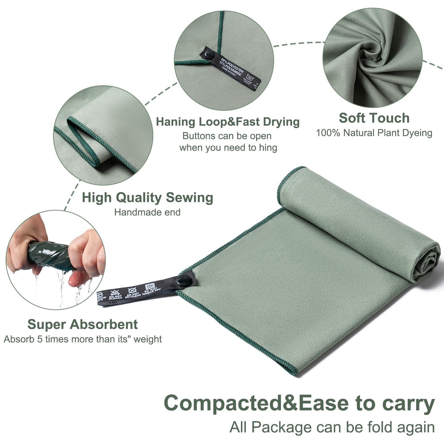 Aegero Camping Towel,2 Pack Microfiber Travel Sports Towel,Quick Dry-Super Absorbent-Ultra Compact-Ultra Soft- Lightweight.Suitable for Gym,Yoga,Trip,Beach, Shower, Backpacking,Pool(Army Green)