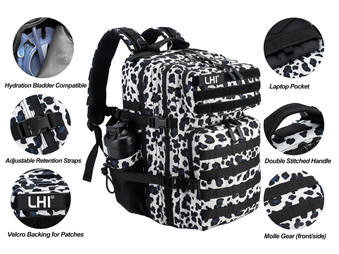 LHI Military Tactical Backpack for Men and Women 45L Army 3 Days Assault Pack Bag Large Rucksack with Molle System-White leopard