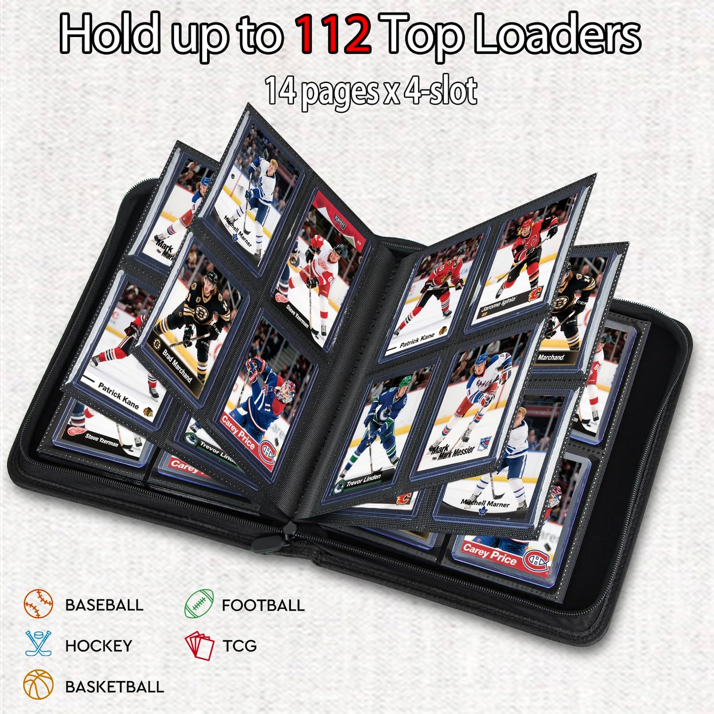 ULTRGEE 4 Slot Top Loader Binder, Top Loaders Collection Storage Album for Trading Cards and Sports Cards - Holds 112 Top Loader, NOT Suitable for Cards WITHOUT Top Loaders(Gray)
