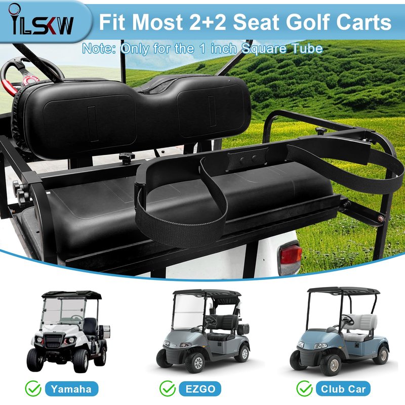 iLSKW Golf Cart Bag Holder Attachment for 2+2 Seater Rear Seat with 1 inch Sqaure Tube, No Drilling Golf Cart Bag Attachment for EZGO, Club Car, Yamaha Golf Carts, Black