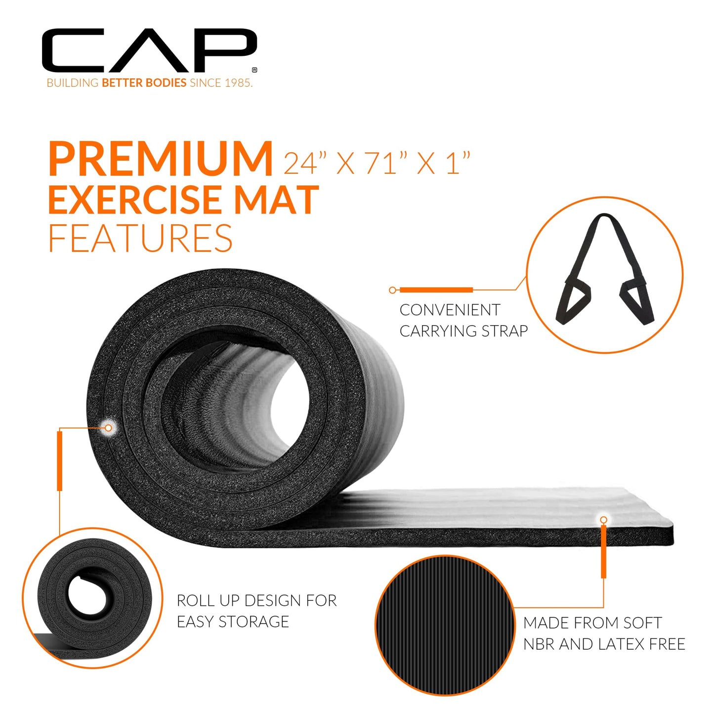 CAP Barbell Yoga Mat 1" Thick with Carrying Strap - High Density Exercise Mat for Yoga, Pilates, Stretching, Floor & Fitness Workouts - 74''x24''x1 | Black
