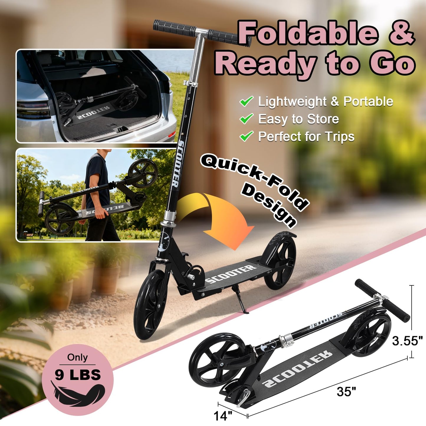 Kick Scooter Scooters for Kids Teens Adults - Heavy Duty Folding Scooters,Non-Slip Large Deck,Portable for Travel,Adjustable for 5-8 8-12 6+ Year Old Age Boys Girls Up to 300 Lbs - Black