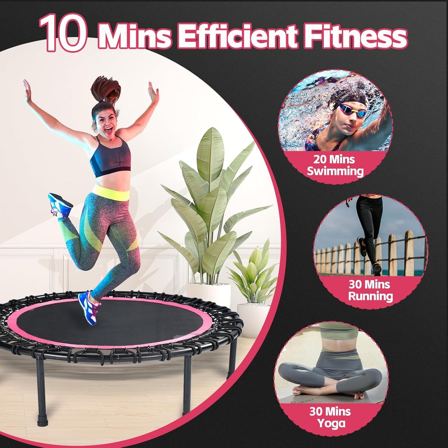Mini Trampoline for Adults - Heavy-Duty 40" Silent Rebounder with 30 Bungees | Indoor Workout Equipment