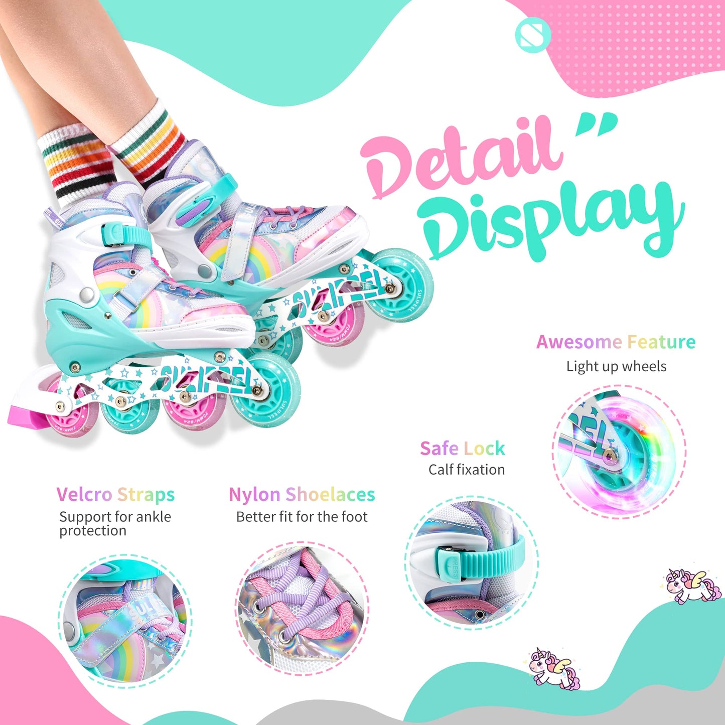 SULIFEEL Rainbow Unicorn Adjustable Inline Skates for Girls Boys and Kids with All Illuminating PU Wheels for Outdoor and Indoor Beginner Skates Medium