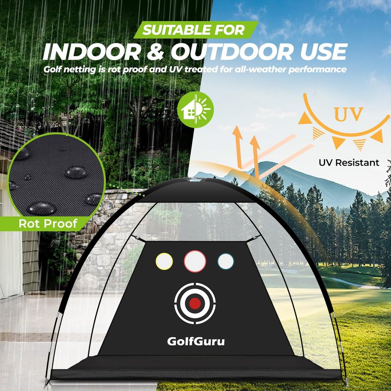 Golfguru All in 1 Golf Practice Net - 10x7ft Tri-Turf Mat, Impact Target, 10 Balls, 7 Tees, Carry Bag, Golf Net for Backyard Driving Chipping Indoor