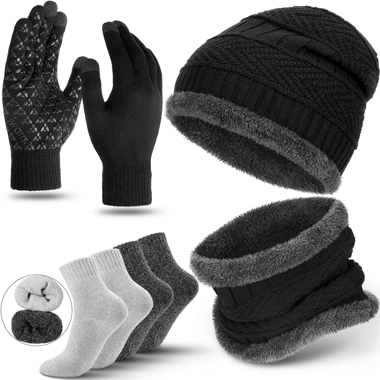 Winter Beanie Hat Scarf Gloves Men Women Warm Knit Set Sock Thermal Soft Plush Lining Cold Weather Skiing Snowboarding (Multicoloured)