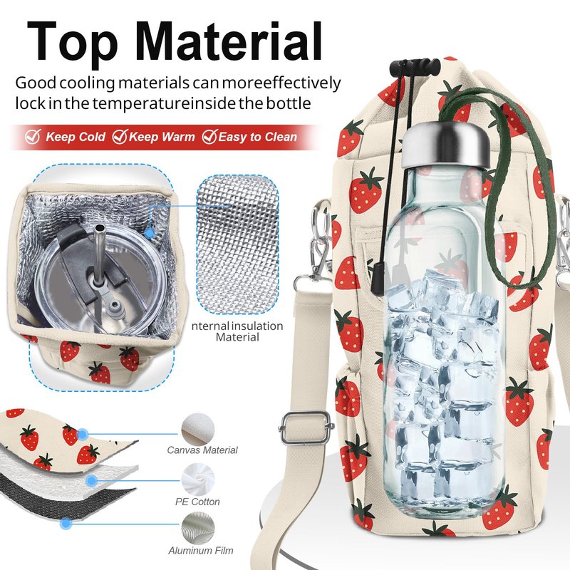 bolimoss Strawberry Water Bottle Holder with Strap 24 32/40oz Water Bottle Carrier Bag, Cute Water Bottle Sleeve with 4 Pocket, Sport Water Holder with Handle Shoulder Strap for Walking Hiking Camping