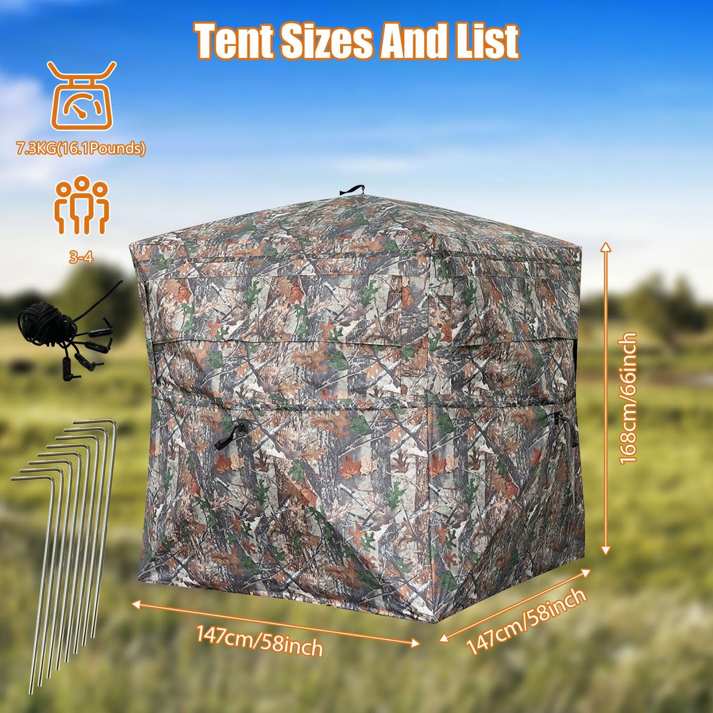 Fogun Hunting Blind 270 Degree See Through with Carry Bag, 3-4 Person Pop-Up Ground Blind - Durable 300D Deer & Turkey Blind for Full Concealment, Portable Tent (Forest Camo)