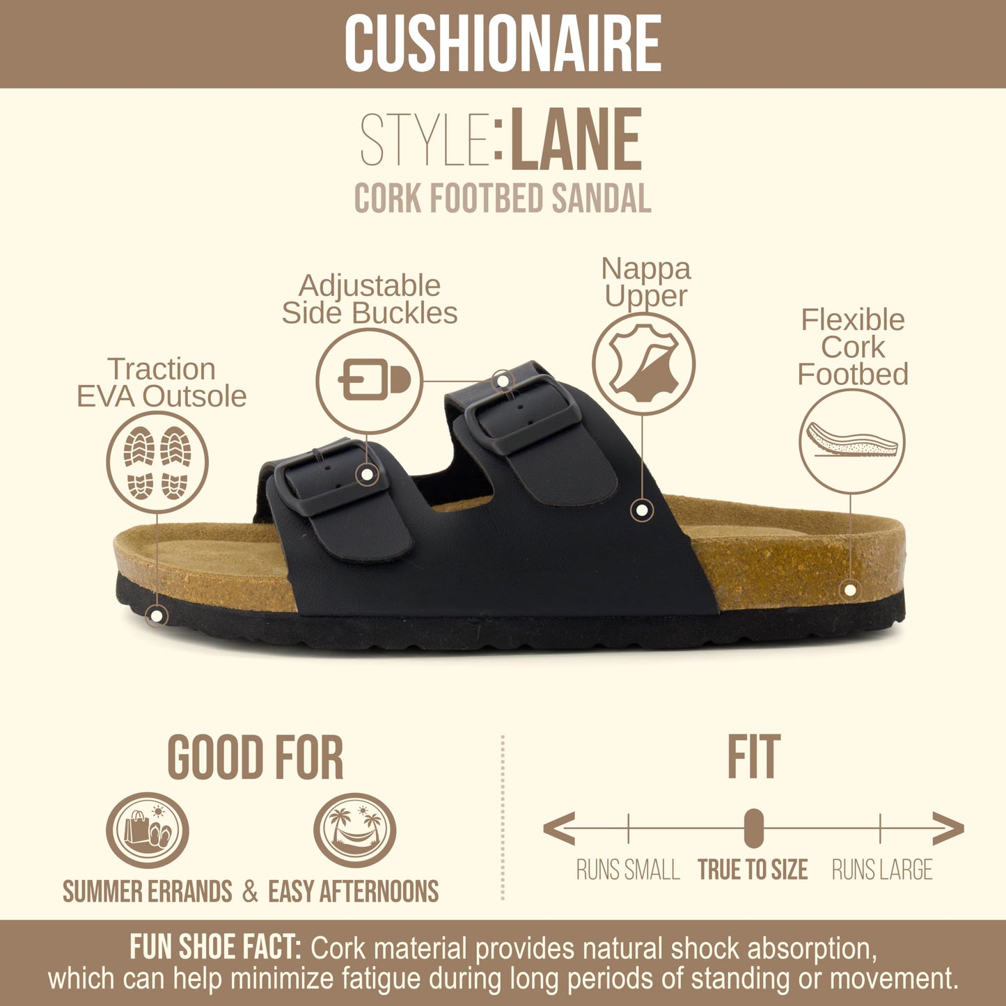 CUSHIONAIRE Lane Cork Footbed Womens Sandals Comfortable Double Buckle Slip On Sandals for Women with Arch Support and Classic Two Strap Design