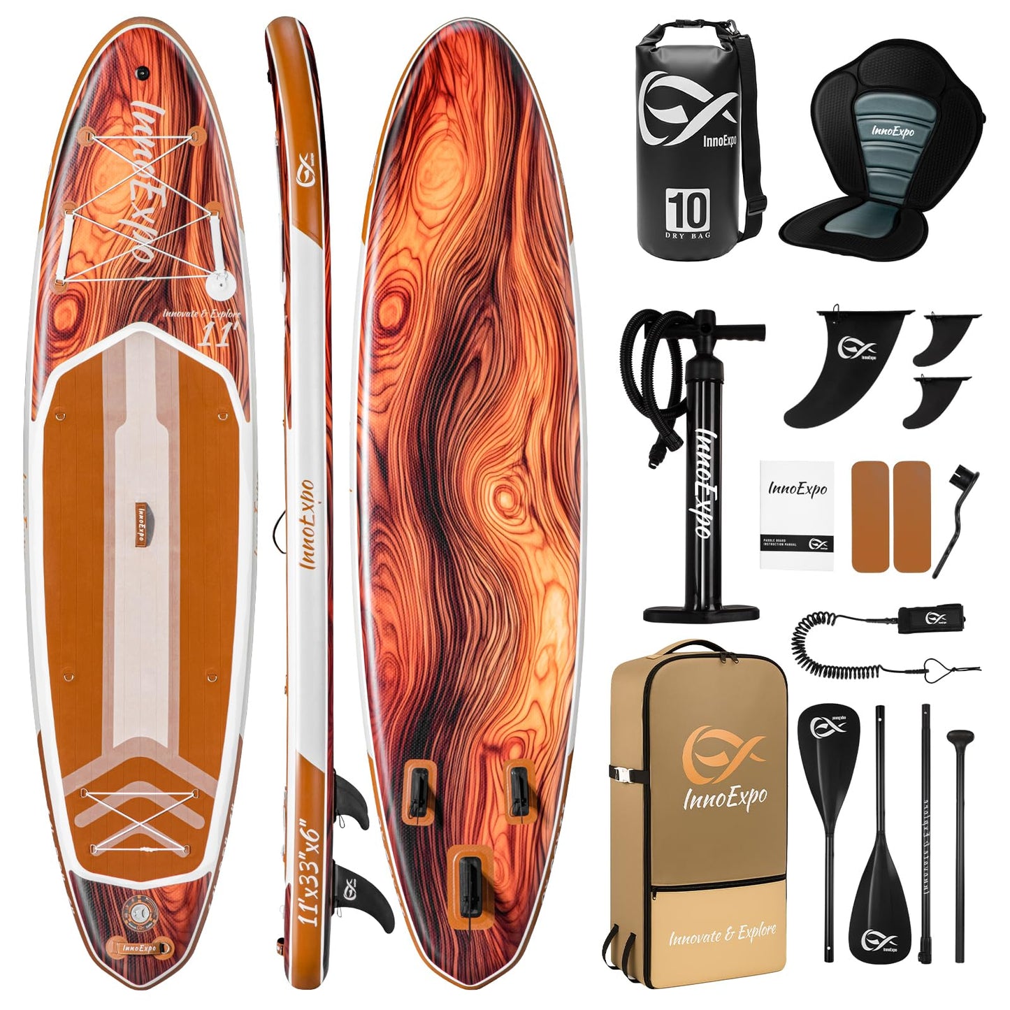 InnoExpo 11' Inflatable Stand Up Paddle Boards with Premium Accessories, Wide Stable SUP Paddle Board Design, Non-Slip Comfort Deck for Youth & Adults (Timber/Kayak Seat)