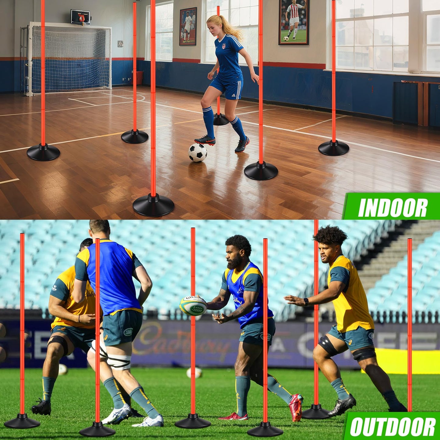 TOBWOLF 6PCS 5.3FT Adjustable Soccer Agility Poles with Rubber Bases, Detachable Soccer Training Poles, Soccer Sticks with Organizer Bag for Football, Rugby, Basketball, Turf, Indoor & Outdoor