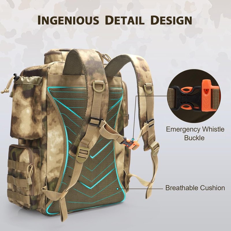 Fishing Tackle Backpack - Waterproof 45L Gear Bag with Rod Holders | Large Sahara Khaki Camo