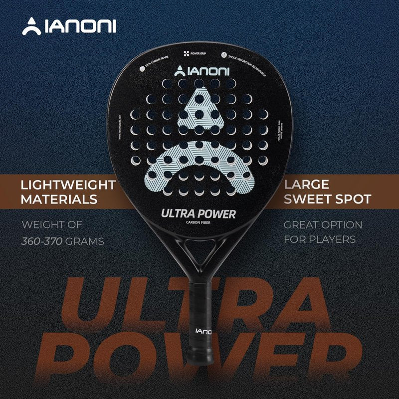ianoni Padel Racket Carbon Fiber+ Rough face with EVA Memory Flex Foam Core -Ultra Power-Black